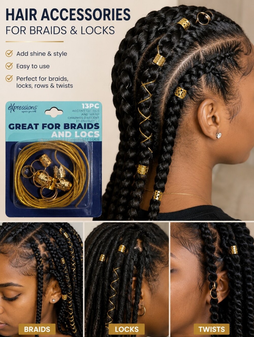 ✨ Expressions Hair Accessories for Braids & Locs – Gold 13-Piece Set ✨